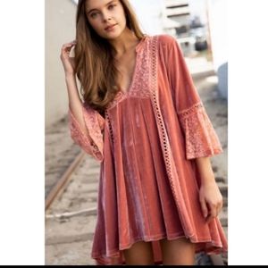 POL velvet and lace Dusty pink boho baby doll dress